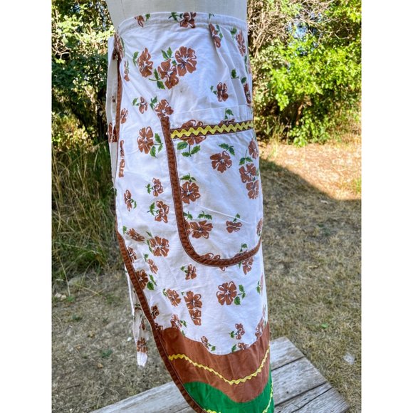 Vintage Brown Green Floral Long Half Apron Ric-rac Farmhouse - Picture 4 of 11